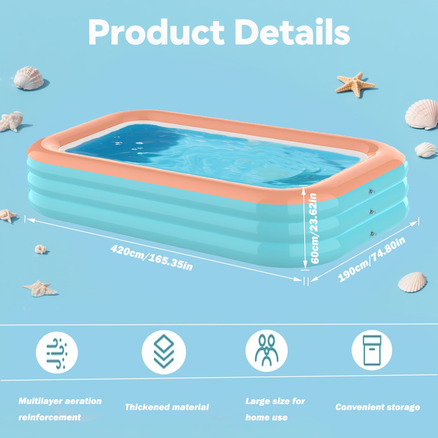 3-Ring & 4-Ring Inflatable Swimming Pool, Large Rectangular Pool, Thick Wear-Resistant PVC, Scratch Proof Blow Up Pool for Yard, Party & Family Gathering, Multiple Sizes Available
