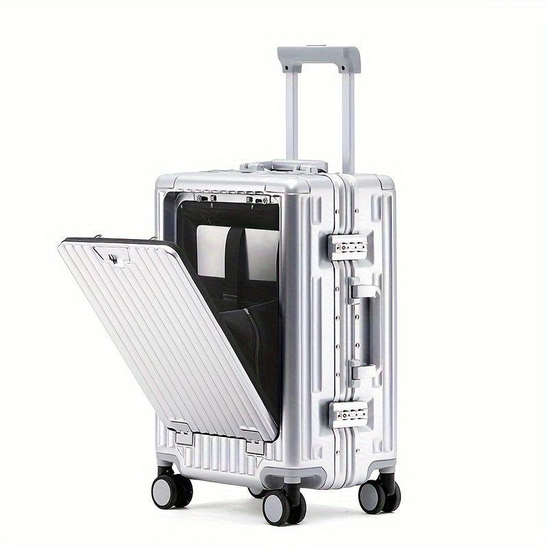 20 Inch Aluminum Frame Business Carry-On Luggage, Multi-Functional Trolley Case with Laptop Pocket, Phone Stand, USB Charging, Customs Lock & Shock-Absorbing Brake Wheels
