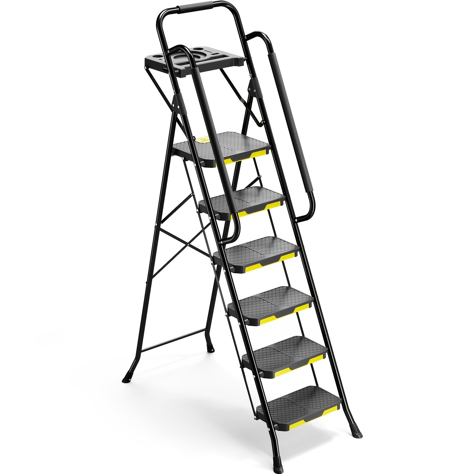 Folding 6 Step Steel Ladder with Handrails & Tool Platform, Wide Anti-Slip Pedal, 800 LBS Heavy Duty Portable Safety Step Stool for Home Garage Outdoor Painting