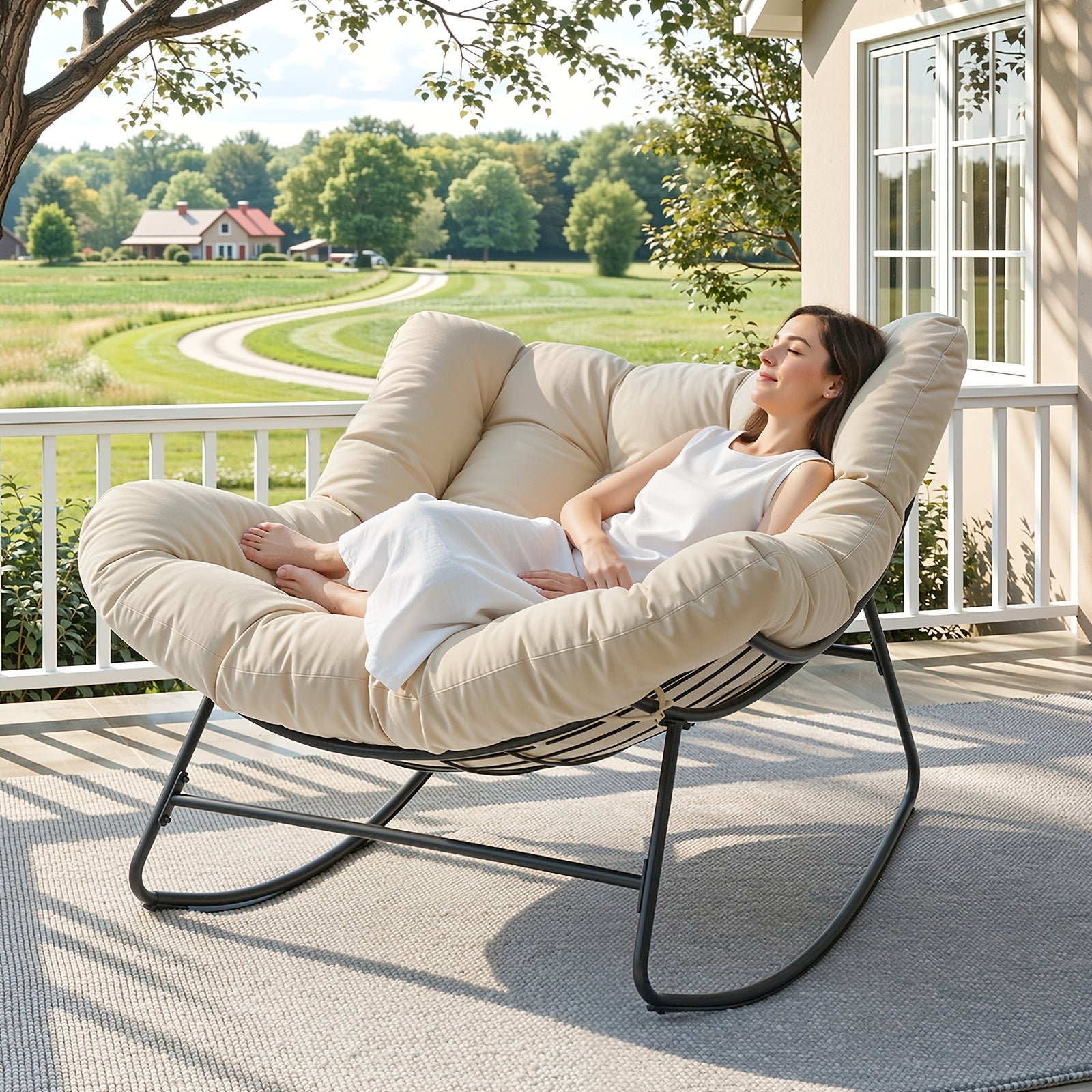 Oversized Outdoor Papasan Egg Rocking Chair | 450 LBS Heavy Duty Patio Rocker Chair with Thick Cushion for Porch Garden Backyard