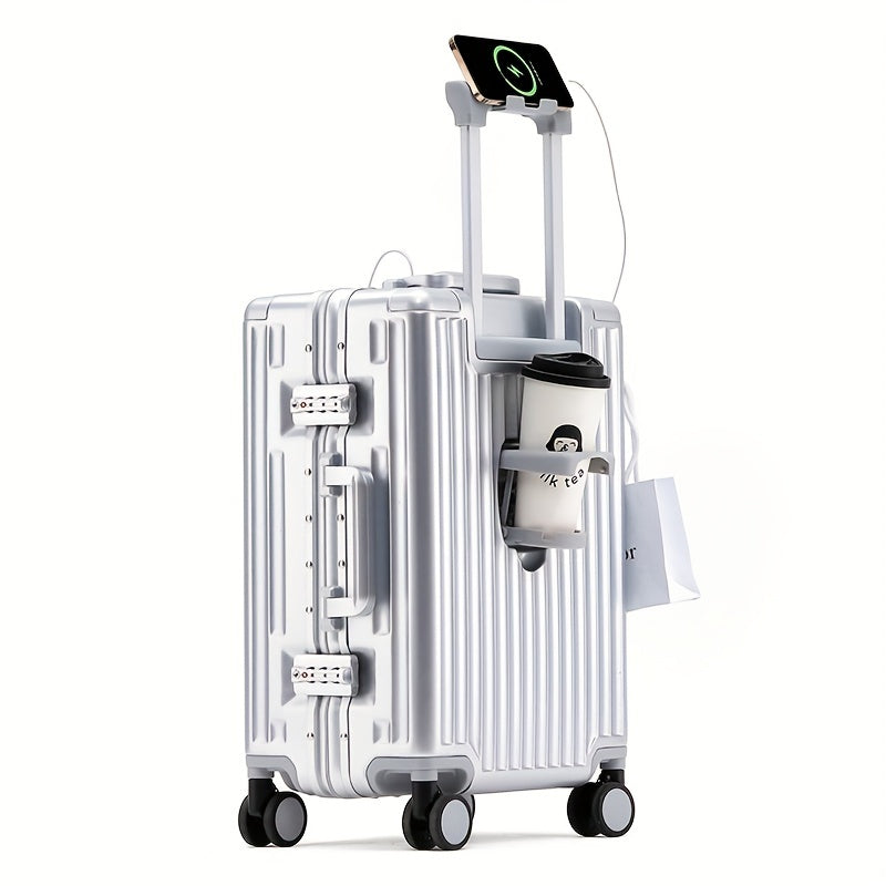 20 Inch Aluminum Frame Business Carry-On Luggage, Multi-Functional Trolley Case with Laptop Pocket, Phone Stand, USB Charging, Customs Lock & Shock-Absorbing Brake Wheels