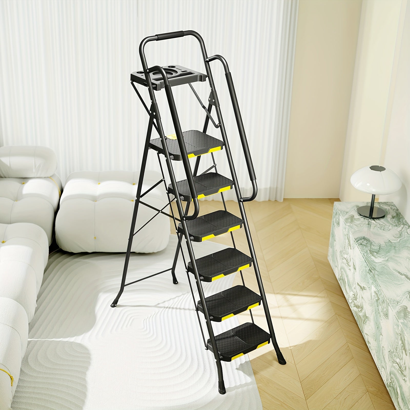 Folding 6 Step Steel Ladder with Handrails & Tool Platform, Wide Anti-Slip Pedal, 800 LBS Heavy Duty Portable Safety Step Stool for Home Garage Outdoor Painting