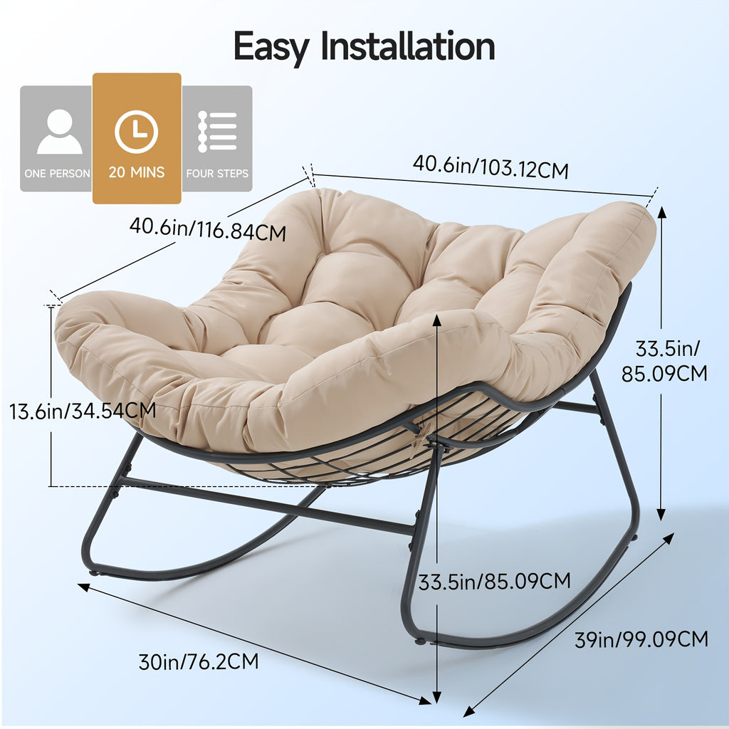 Oversized Outdoor Papasan Egg Rocking Chair | 450 LBS Heavy Duty Patio Rocker Chair with Thick Cushion for Porch Garden Backyard