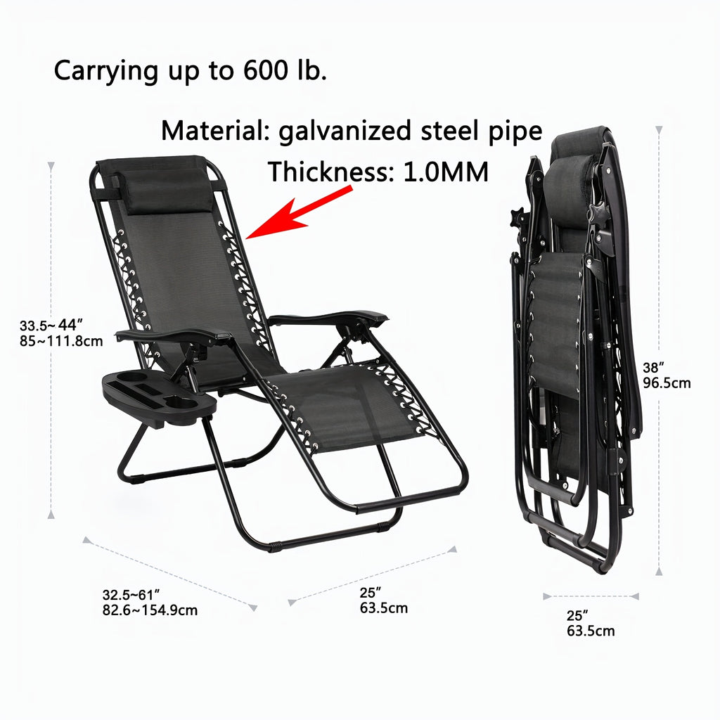 Nazhura Set of 2 Zero Gravity Chairs, Adjustable Steel Mesh Recliner Patio Chairs with Pillow & Cup Holder, Black