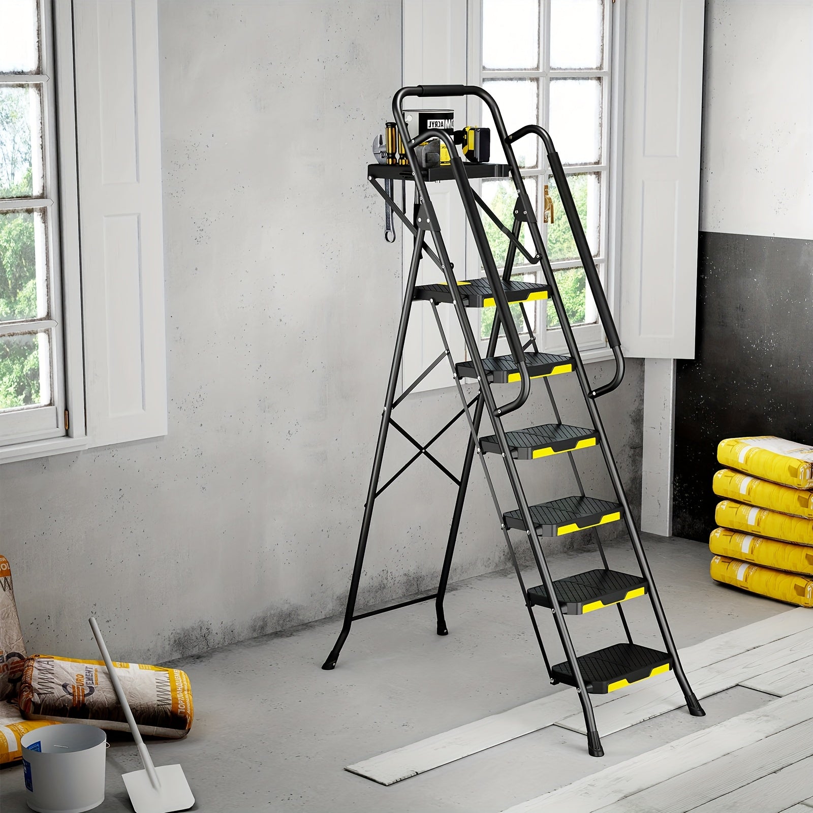 Folding 6 Step Steel Ladder with Handrails & Tool Platform, Wide Anti-Slip Pedal, 800 LBS Heavy Duty Portable Safety Step Stool for Home Garage Outdoor Painting