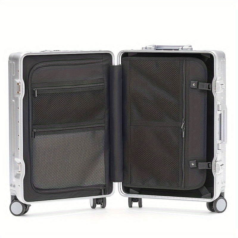 20 Inch Aluminum Frame Business Carry-On Luggage, Multi-Functional Trolley Case with Laptop Pocket, Phone Stand, USB Charging, Customs Lock & Shock-Absorbing Brake Wheels