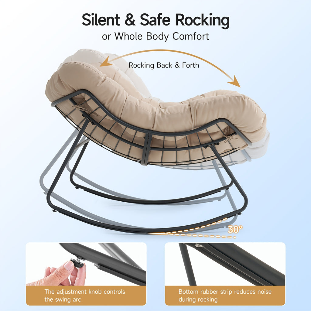 Oversized Outdoor Papasan Egg Rocking Chair | 450 LBS Heavy Duty Patio Rocker Chair with Thick Cushion for Porch Garden Backyard