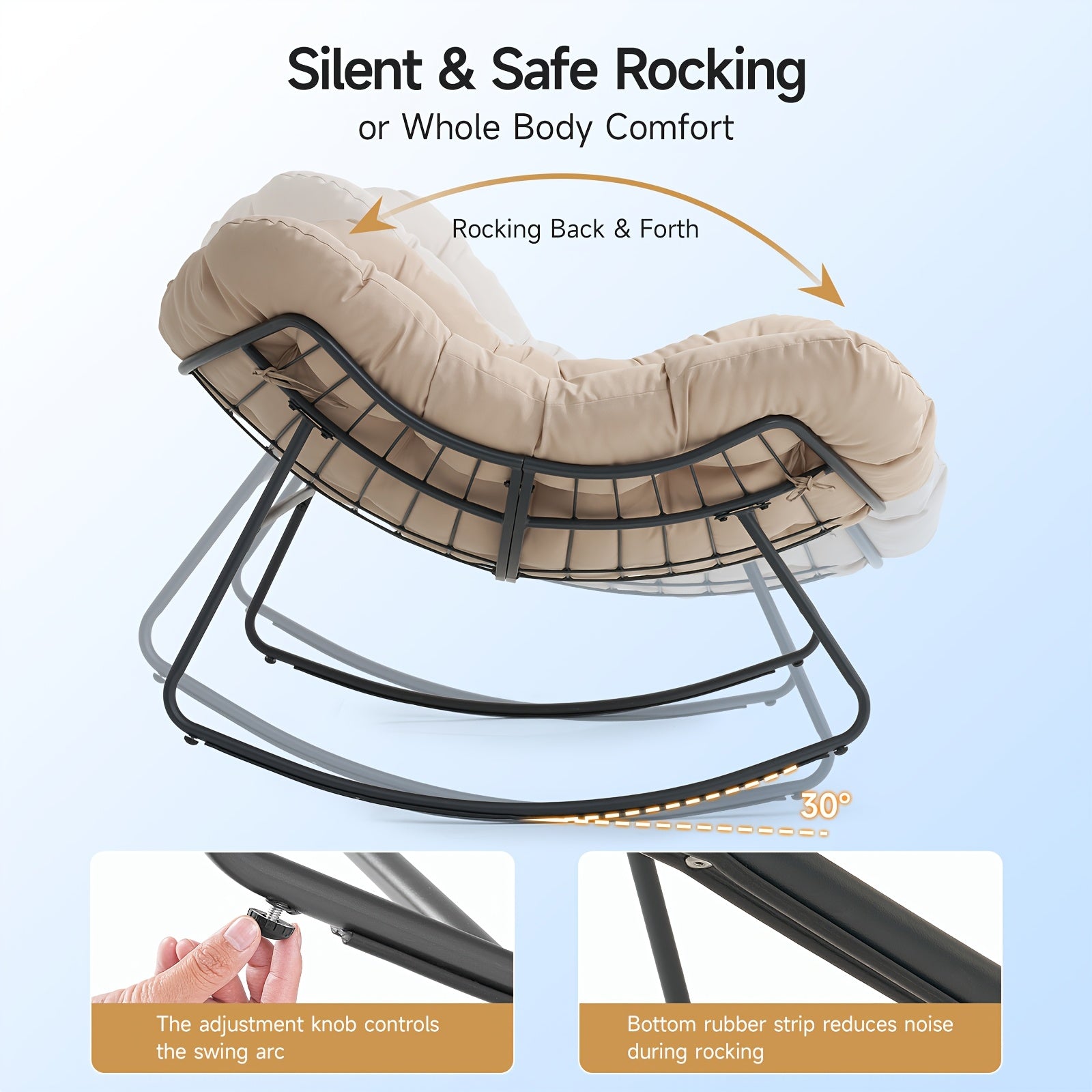 Oversized Outdoor Papasan Egg Rocking Chair | 450 LBS Heavy Duty Patio Rocker Chair with Thick Cushion for Porch Garden Backyard