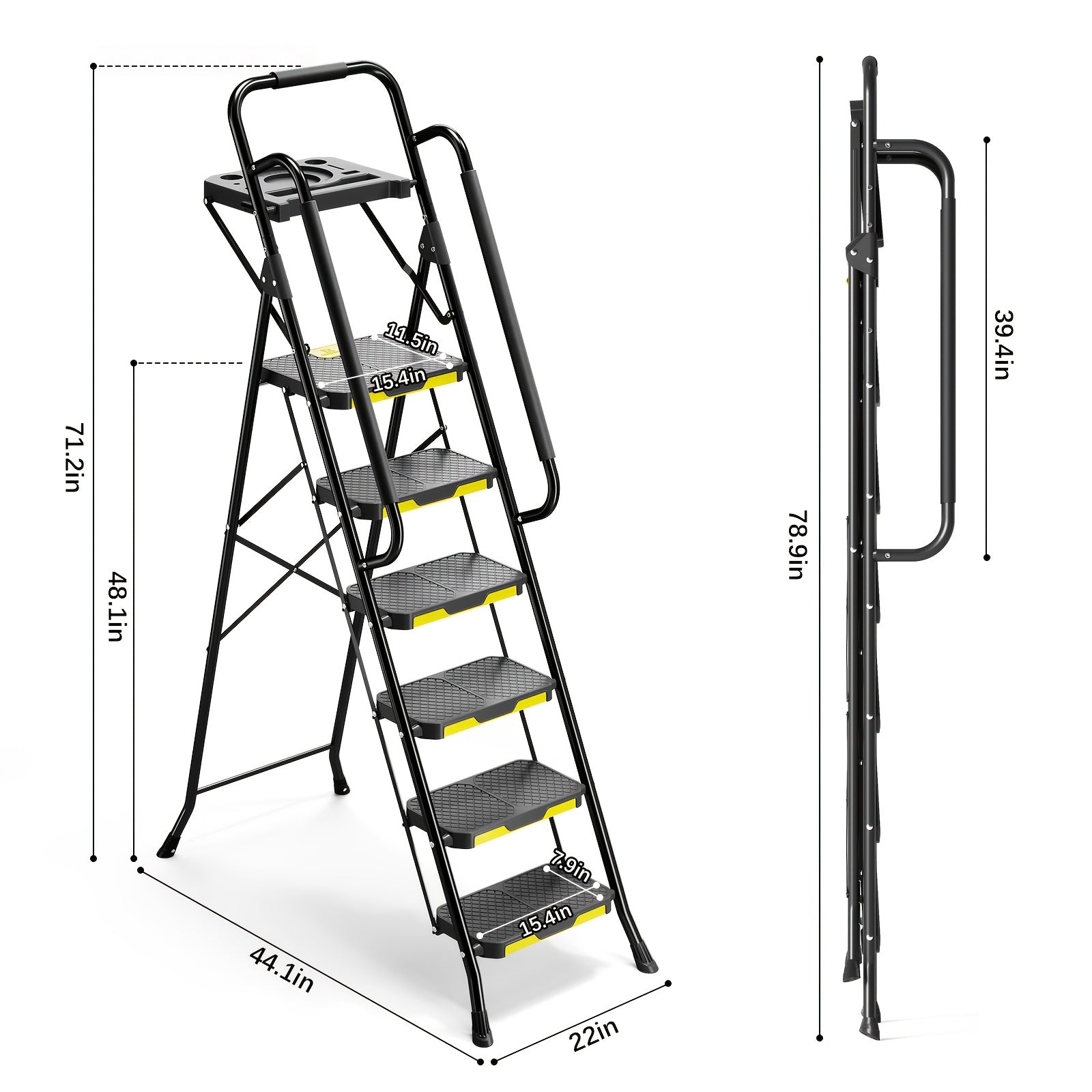 Folding 6 Step Steel Ladder with Handrails & Tool Platform, Wide Anti-Slip Pedal, 800 LBS Heavy Duty Portable Safety Step Stool for Home Garage Outdoor Painting