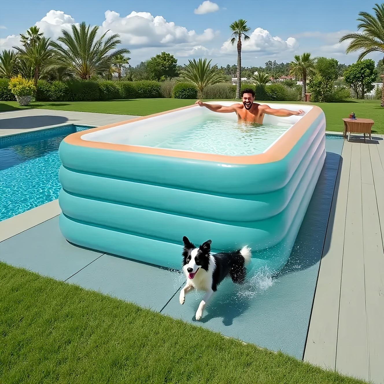 3-Ring & 4-Ring Inflatable Swimming Pool, Large Rectangular Pool, Thick Wear-Resistant PVC, Scratch Proof Blow Up Pool for Yard, Party & Family Gathering, Multiple Sizes Available