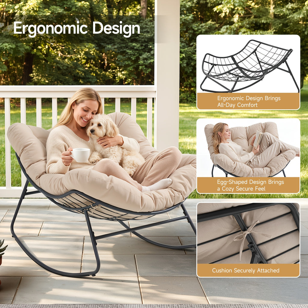Oversized Outdoor Papasan Egg Rocking Chair | 450 LBS Heavy Duty Patio Rocker Chair with Thick Cushion for Porch Garden Backyard