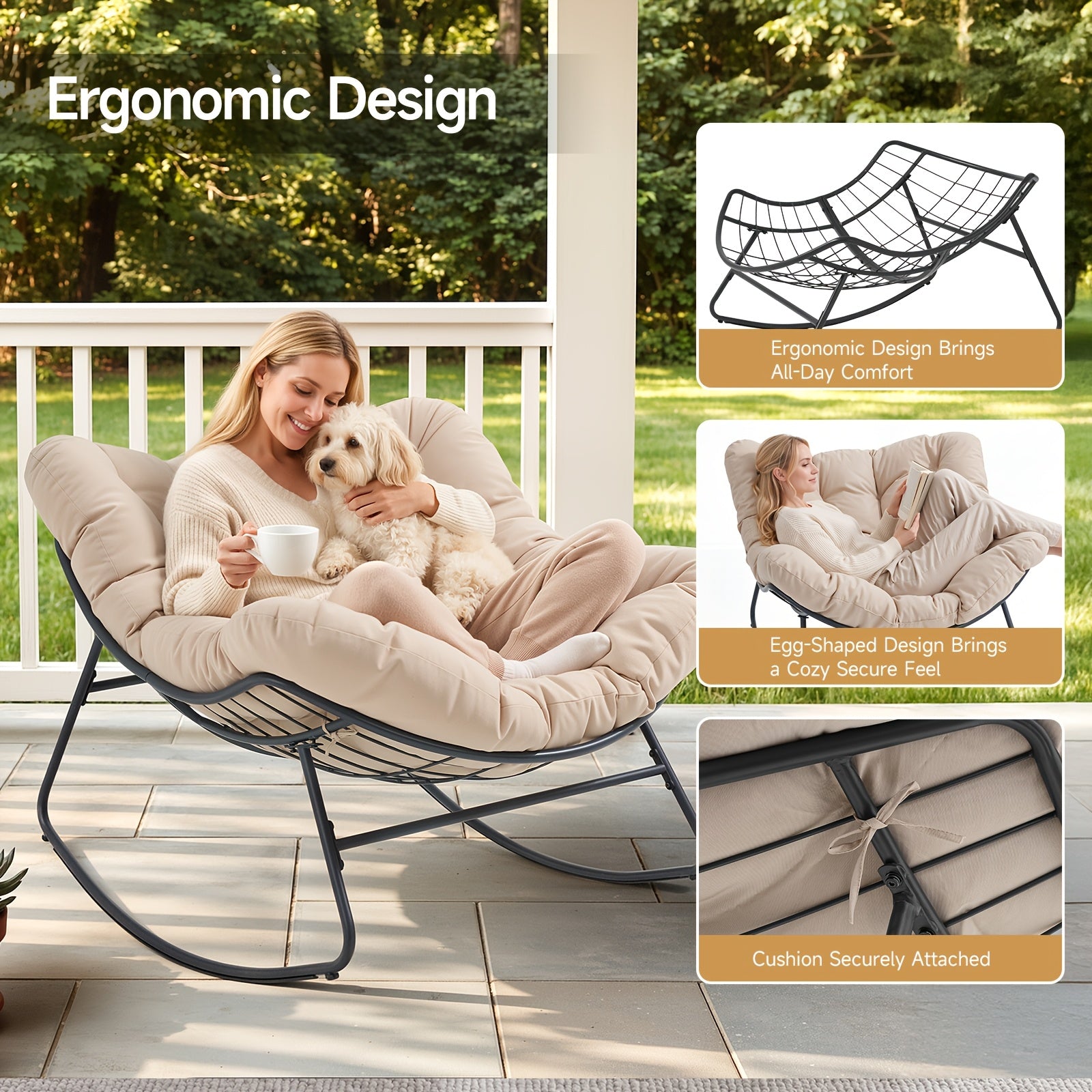 Oversized Outdoor Papasan Egg Rocking Chair | 450 LBS Heavy Duty Patio Rocker Chair with Thick Cushion for Porch Garden Backyard