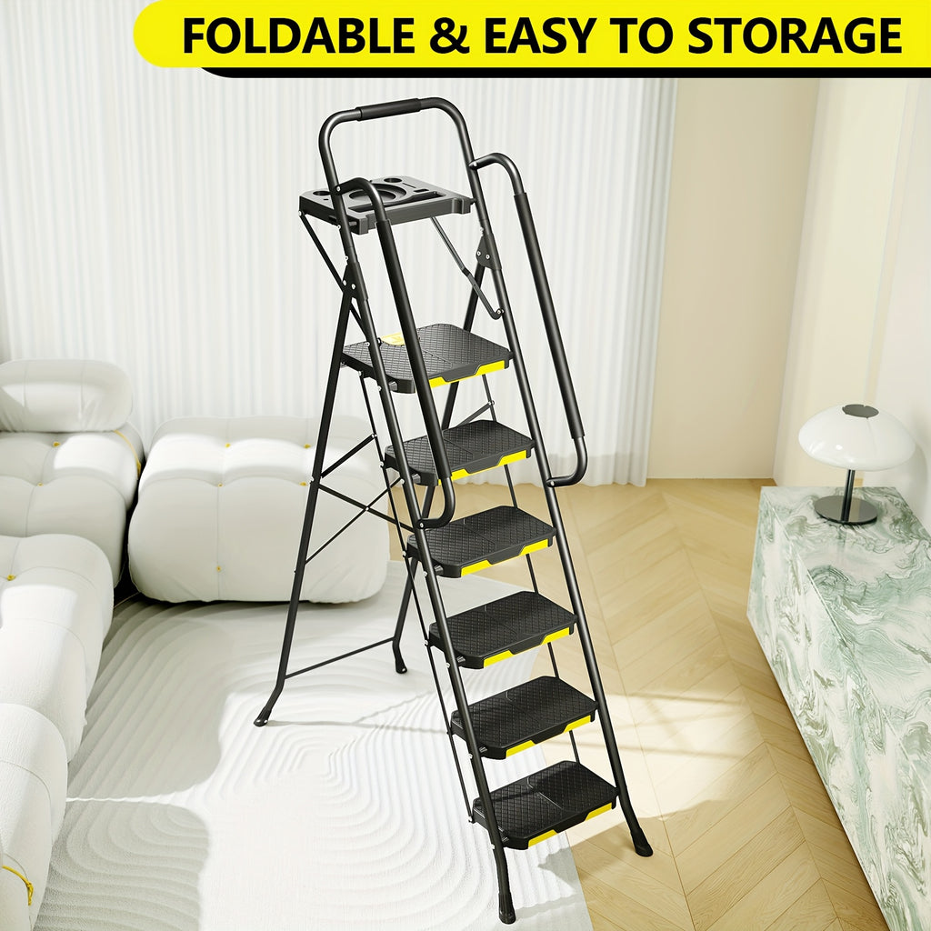 Folding 6 Step Steel Ladder with Handrails & Tool Platform, Wide Anti-Slip Pedal, 800 LBS Heavy Duty Portable Safety Step Stool for Home Garage Outdoor Painting