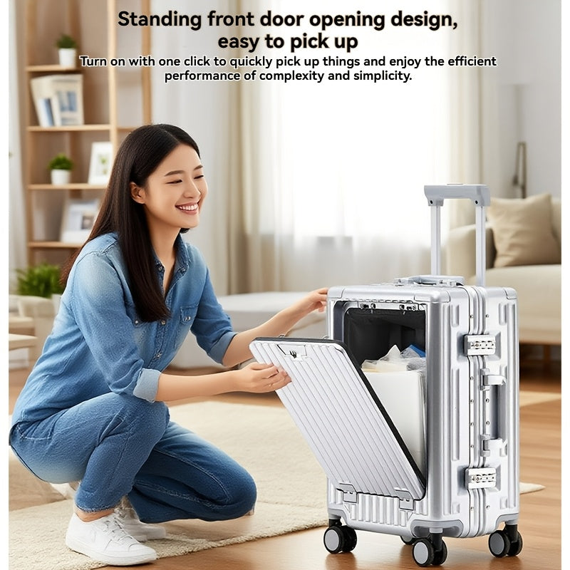 20 Inch Aluminum Frame Business Carry-On Luggage, Multi-Functional Trolley Case with Laptop Pocket, Phone Stand, USB Charging, Customs Lock & Shock-Absorbing Brake Wheels