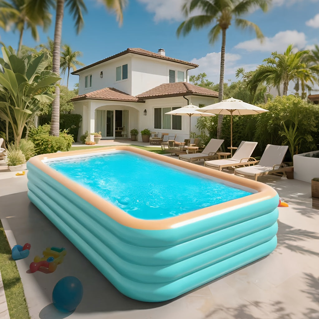 3-Ring & 4-Ring Inflatable Swimming Pool, Large Rectangular Pool, Thick Wear-Resistant PVC, Scratch Proof Blow Up Pool for Yard, Party & Family Gathering, Multiple Sizes Available