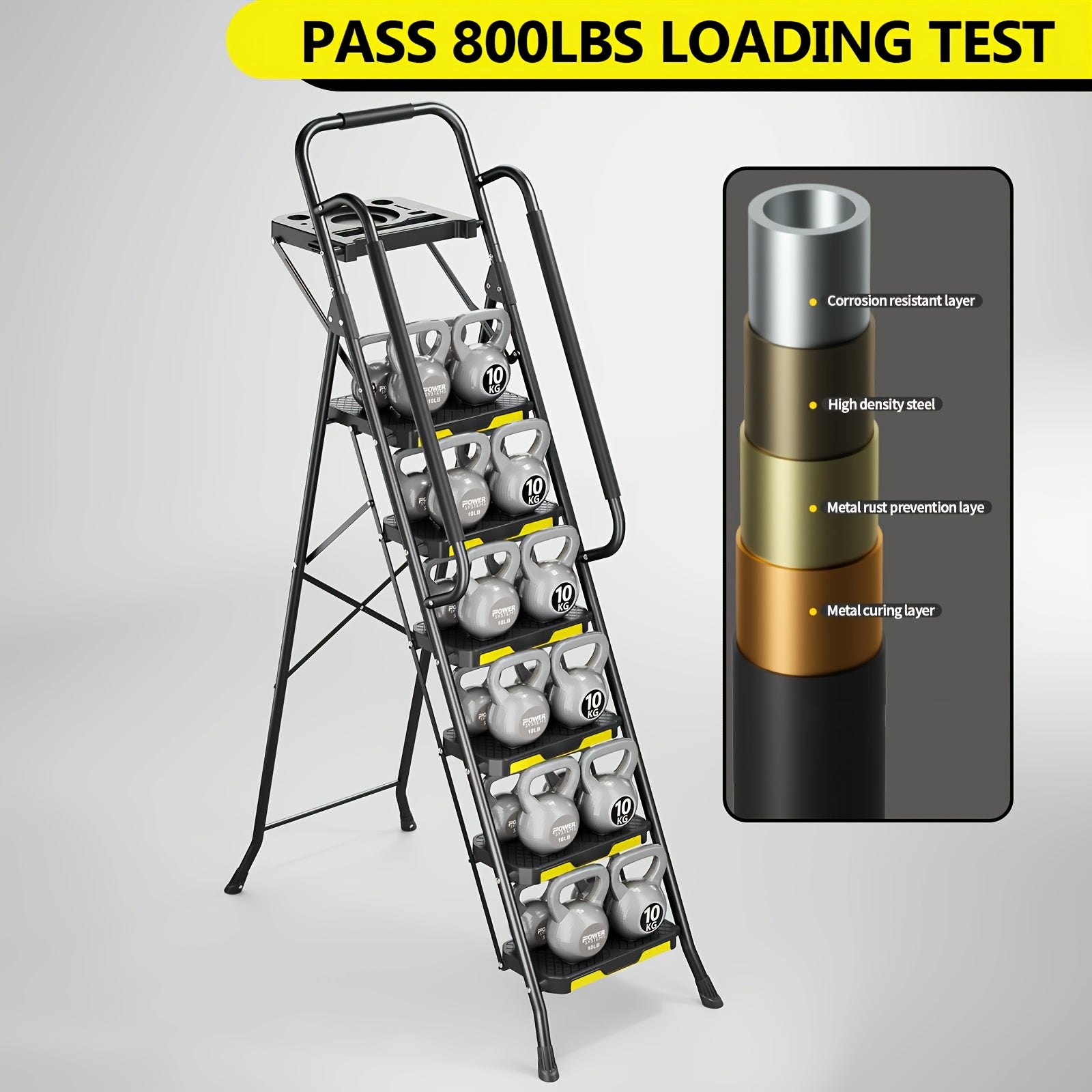 Folding 6 Step Steel Ladder with Handrails & Tool Platform, Wide Anti-Slip Pedal, 800 LBS Heavy Duty Portable Safety Step Stool for Home Garage Outdoor Painting