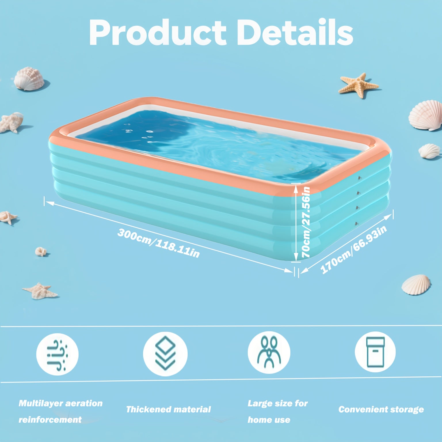 3-Ring & 4-Ring Inflatable Swimming Pool, Large Rectangular Pool, Thick Wear-Resistant PVC, Scratch Proof Blow Up Pool for Yard, Party & Family Gathering, Multiple Sizes Available