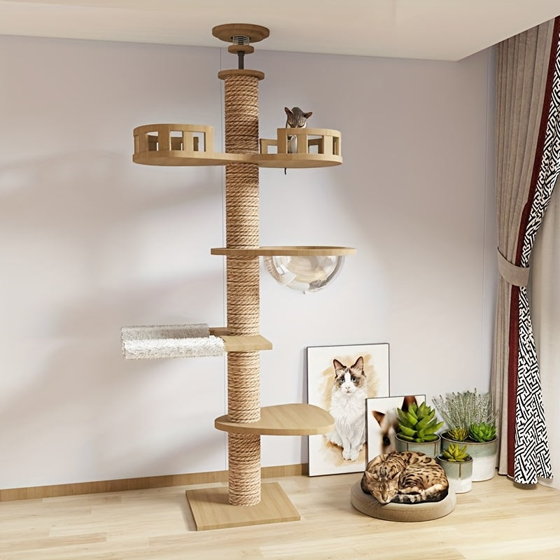 Vertical Tall Cat Tree Tower with Space Capsule Bed, Hammock & Multiple Lookout Perch Platforms, Multi-Level Climbing Activity Cat Furniture for Indoor Cats