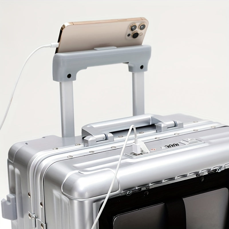 20 Inch Aluminum Frame Business Carry-On Luggage, Multi-Functional Trolley Case with Laptop Pocket, Phone Stand, USB Charging, Customs Lock & Shock-Absorbing Brake Wheels