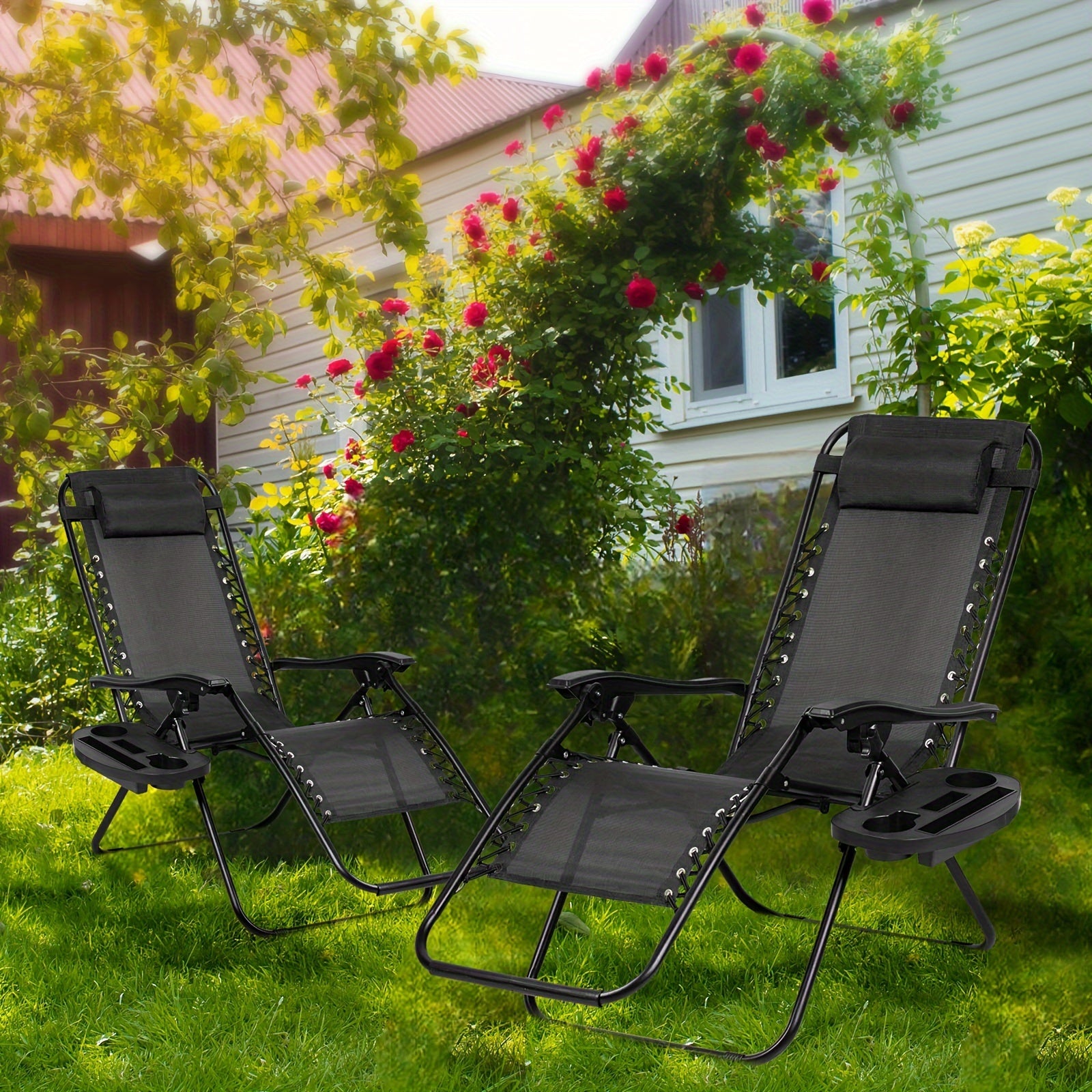 Nazhura Set of 2 Zero Gravity Chairs, Adjustable Steel Mesh Recliner Patio Chairs with Pillow & Cup Holder, Black