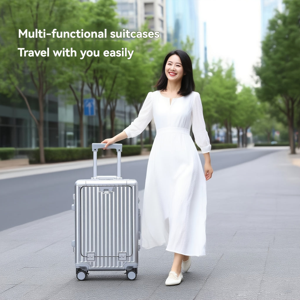 20 Inch Aluminum Frame Business Carry-On Luggage, Multi-Functional Trolley Case with Laptop Pocket, Phone Stand, USB Charging, Customs Lock & Shock-Absorbing Brake Wheels