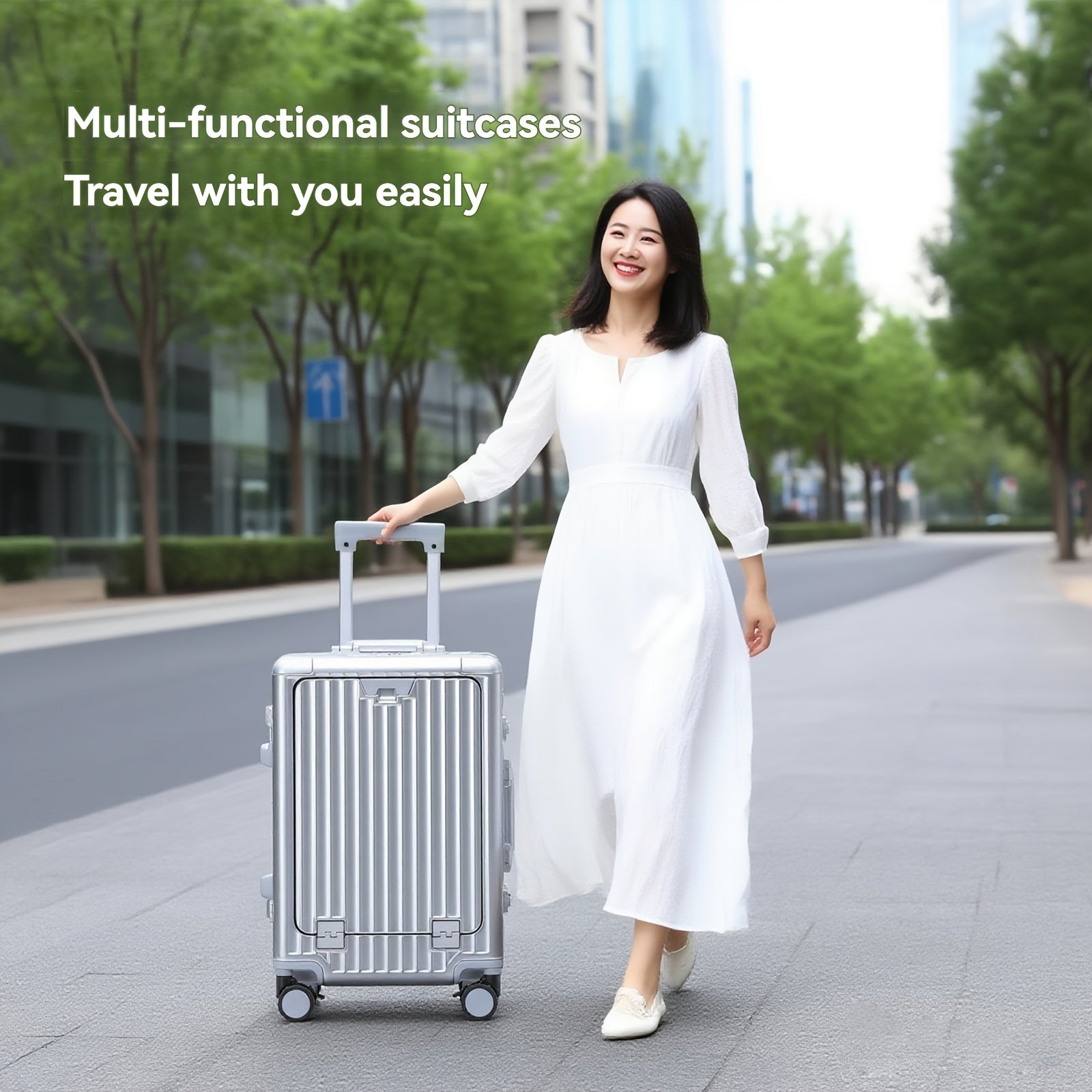 20 Inch Aluminum Frame Business Carry-On Luggage, Multi-Functional Trolley Case with Laptop Pocket, Phone Stand, USB Charging, Customs Lock & Shock-Absorbing Brake Wheels