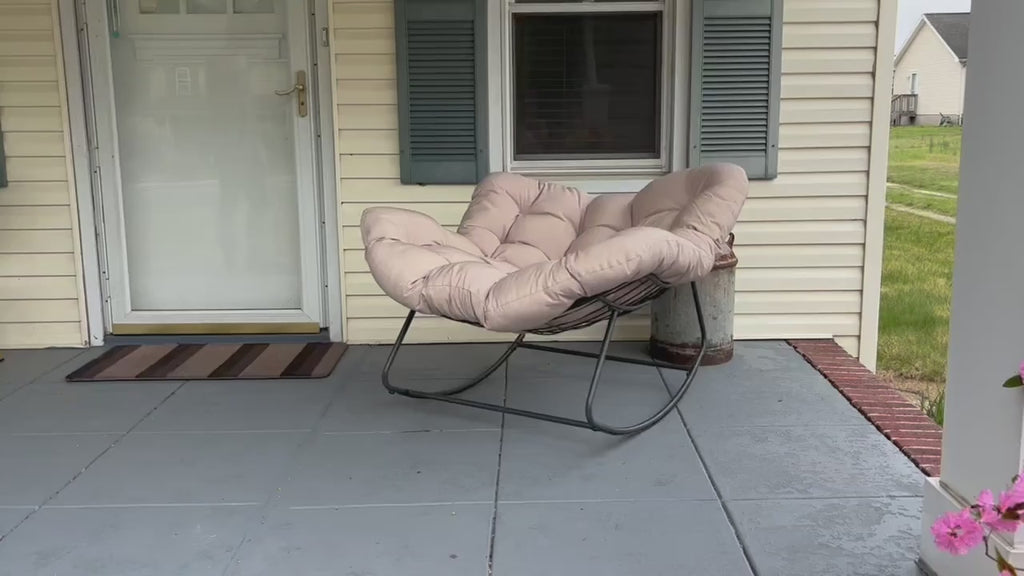 Oversized Outdoor Papasan Egg Rocking Chair | 450 LBS Heavy Duty Patio Rocker Chair with Thick Cushion for Porch Garden Backyard